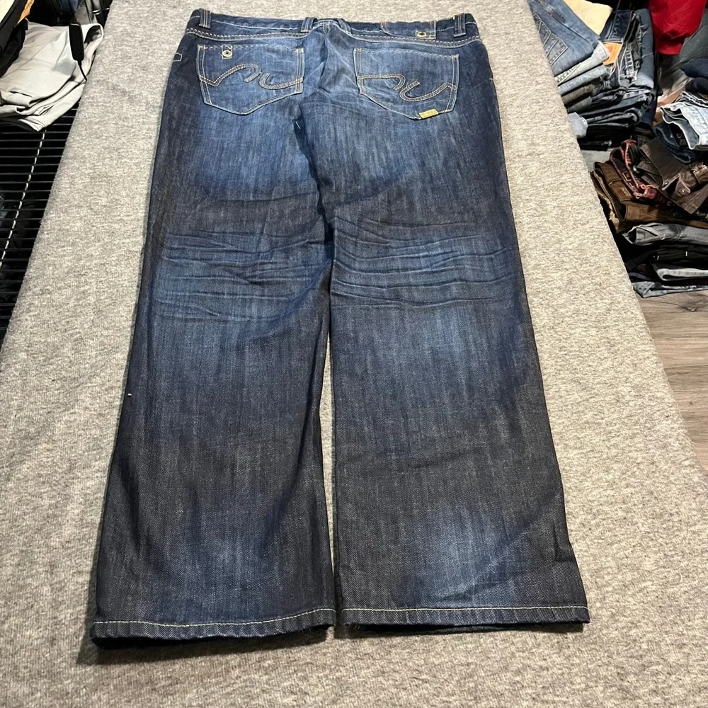 Marc Ecko Cut & Sew Mens 38x30 Slim Bootcut Jeans Dark Wash Embroidered Blue